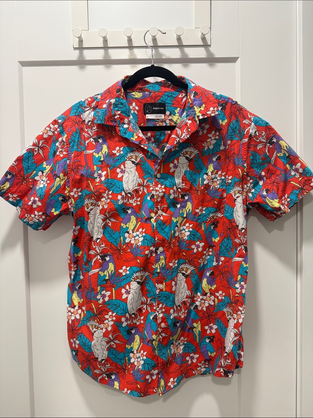 Original Use Red Tropical Parrot Print Short-Sleeve Button-Down Shirt